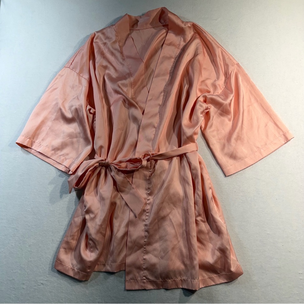 70s 80s Vintage Victoria's Secret Short Satin Kimono Robe, Peach Satin
